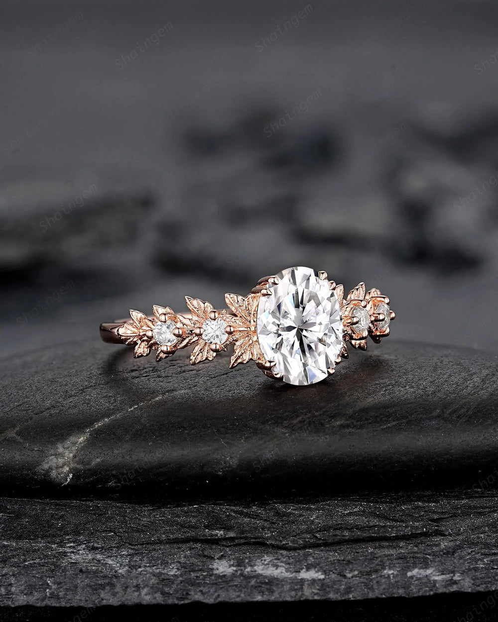 Oval Shape Moissanite Maple Leaf Engagement Ring, Nature Inspired Solid 14K 18K Rose Gold Wedding Ring Gift, Platinum, 925 Sterling Silver - ShainJewelry