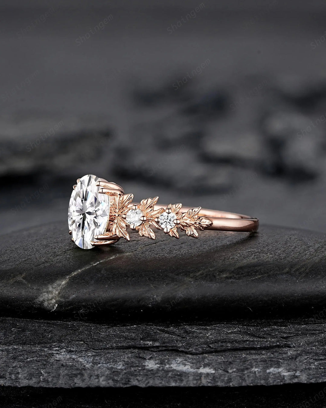 Oval Shape Moissanite Maple Leaf Engagement Ring, Nature Inspired Solid 14K 18K Rose Gold Wedding Ring Gift, Platinum, 925 Sterling Silver - ShainJewelry