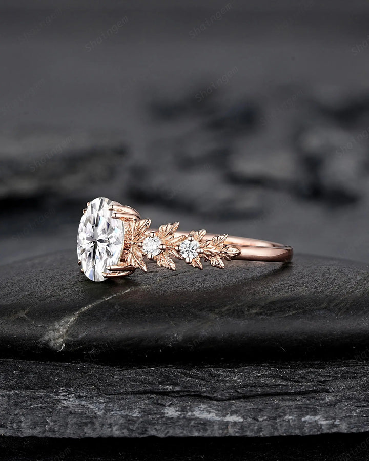 Oval Shape Moissanite Maple Leaf Engagement Ring, Nature Inspired Solid 14K 18K Rose Gold Wedding Ring Gift, Platinum, 925 Sterling Silver - ShainJewelry
