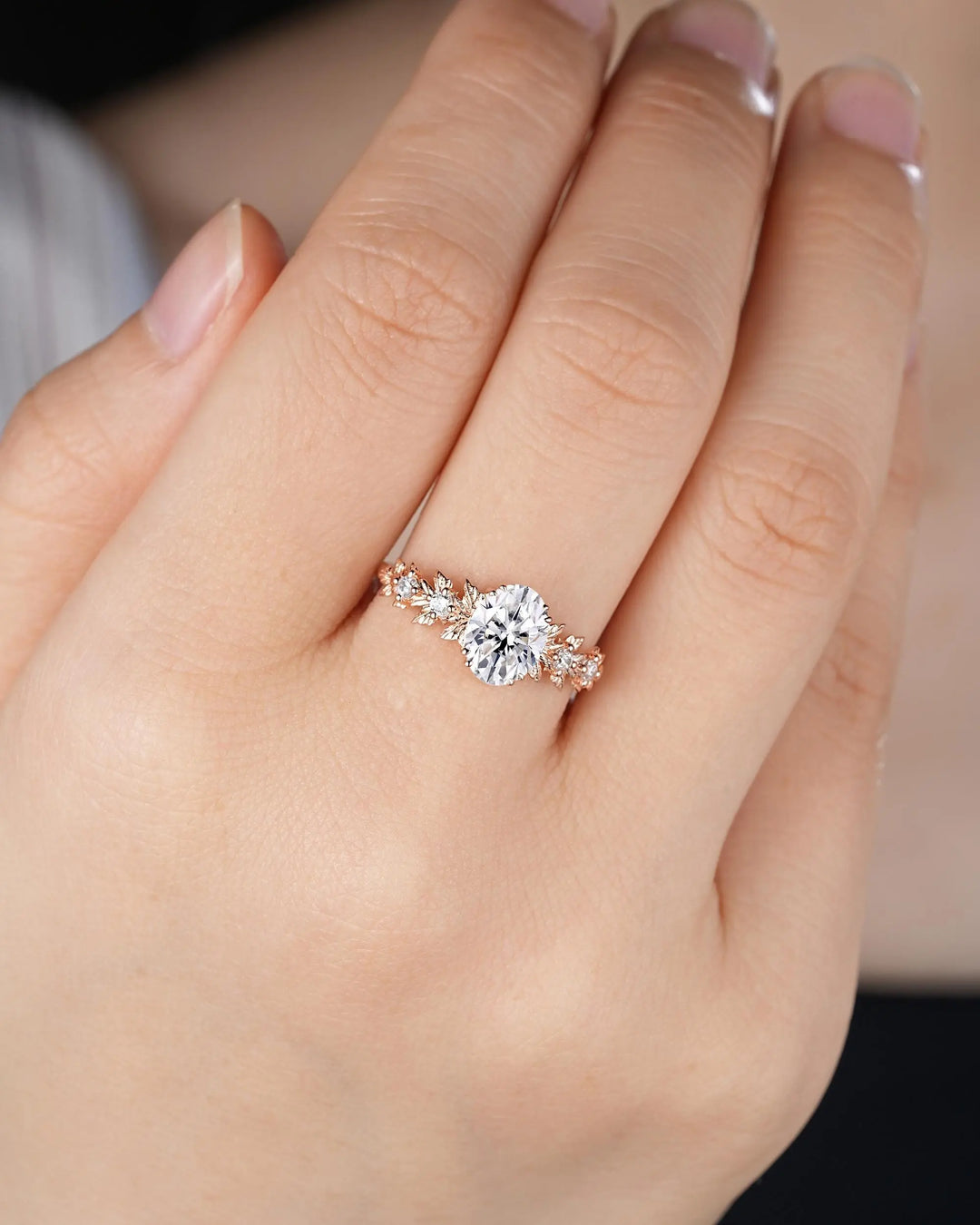 Oval Shape Moissanite Maple Leaf Engagement Ring, Nature Inspired Solid 14K 18K Rose Gold Wedding Ring Gift, Platinum, 925 Sterling Silver - ShainJewelry