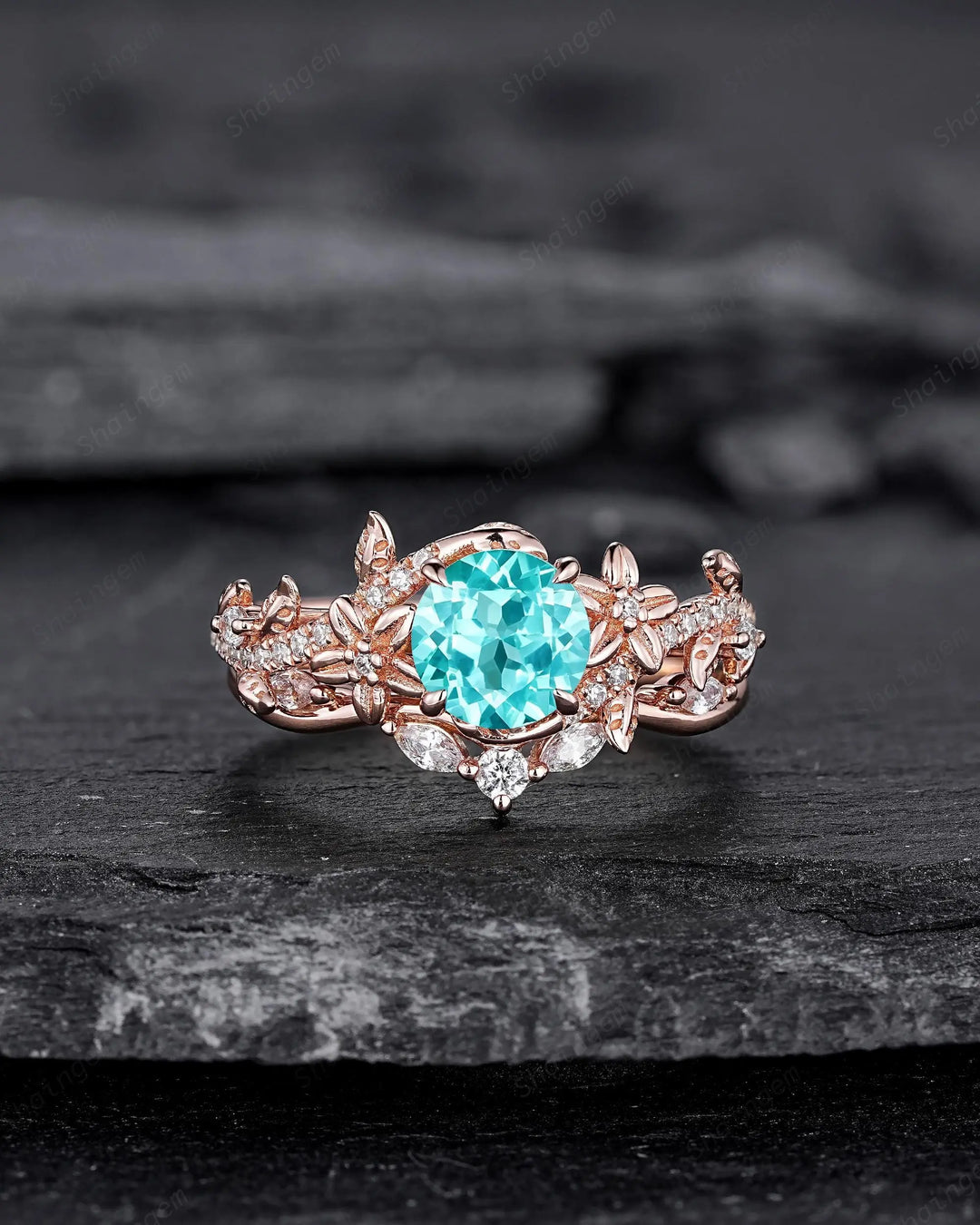 Round Shape Paraiba Tourmaline Leaf Engagement Rings, Rose Gold Floral Promise Twig Branch Wedding Anniversary Gift, Platinum, 925 Silver - ShainJewelry