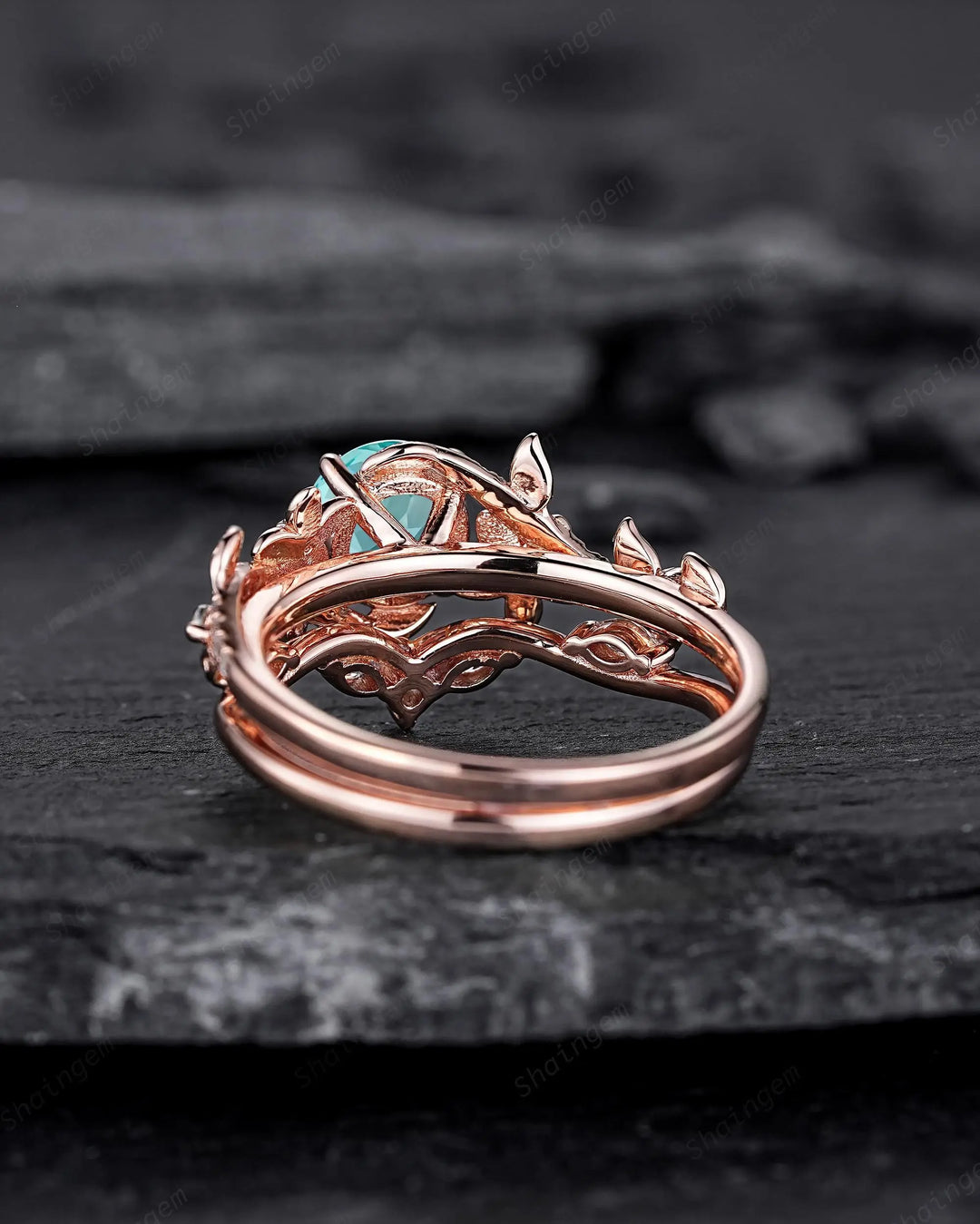 Round Shape Paraiba Tourmaline Leaf Engagement Rings, Rose Gold Floral Promise Twig Branch Wedding Anniversary Gift, Platinum, 925 Silver - ShainJewelry