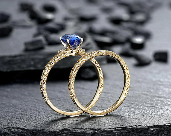 Vintage Oval Shape Blue Sapphire Engagement Ring Set, Yellow Gold Half Eternity Filigree Engraved High profile Promise Wedding, Platinum - ShainJewelry
