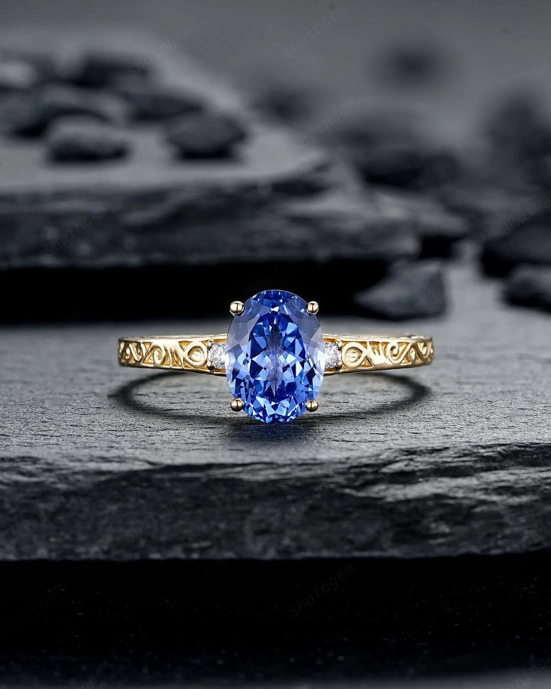 Vintage Oval Shape Blue Sapphire Engagement Ring Set, Yellow Gold Half Eternity Filigree Engraved High profile Promise Wedding, Platinum - ShainJewelry