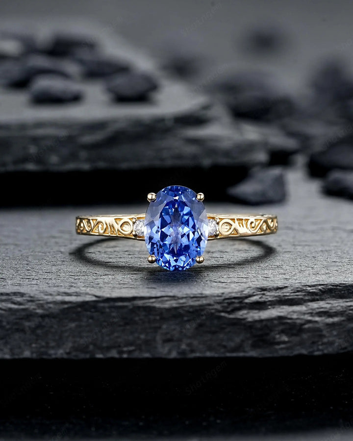 Vintage Oval Shape Blue Sapphire Engagement Ring Set, Yellow Gold Half Eternity Filigree Engraved High profile Promise Wedding, Platinum - ShainJewelry