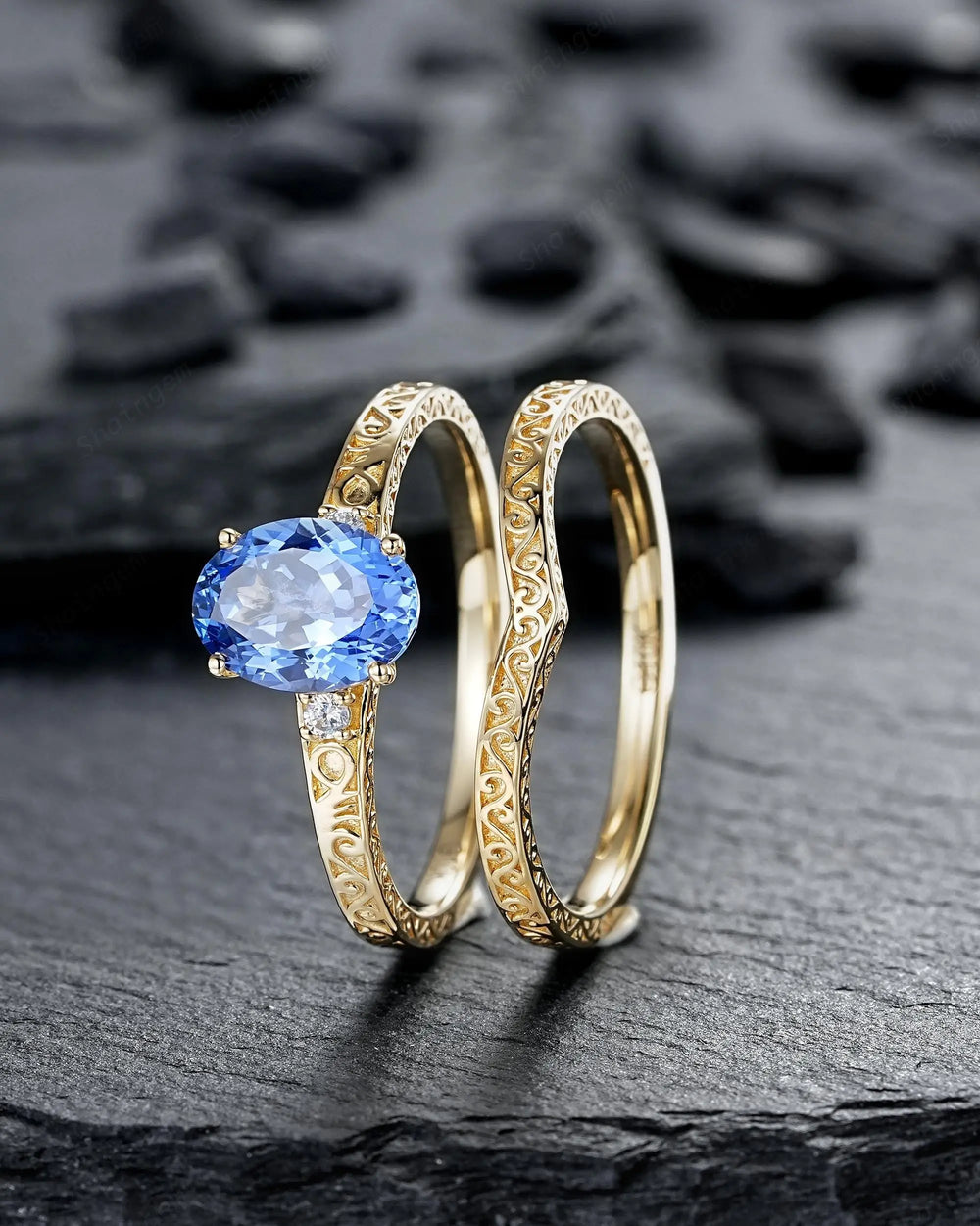 Vintage Oval Shape Blue Sapphire Engagement Ring Set, Yellow Gold Half Eternity Filigree Engraved High profile Promise Wedding, Platinum - ShainJewelry