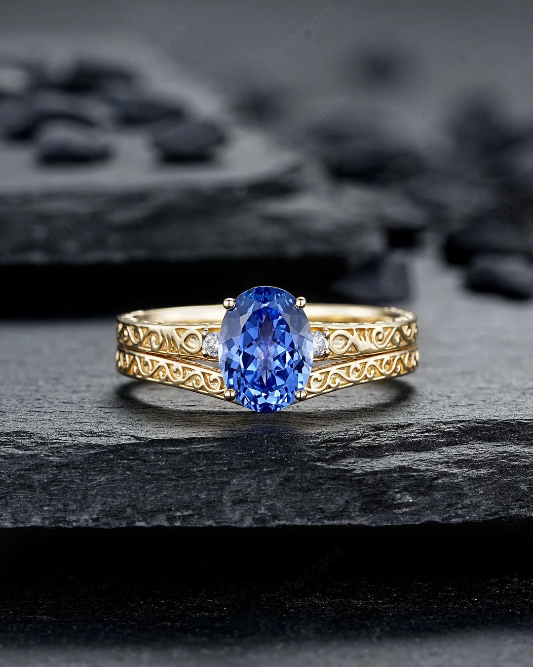 Vintage Oval Shape Blue Sapphire Engagement Ring Set, Yellow Gold Half Eternity Filigree Engraved High profile Promise Wedding, Platinum - ShainJewelry