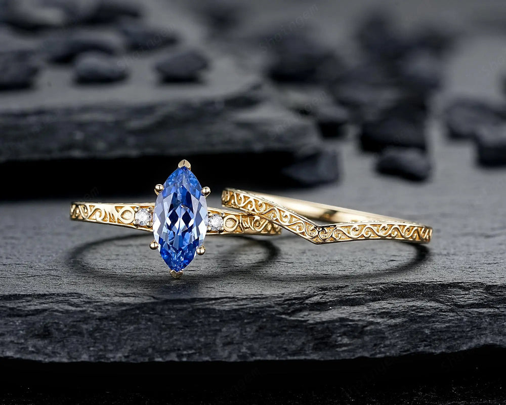 Vintage Marquise Cut Blue Sapphire Engagement Ring Set, Yellow Gold Half Eternity Filigree Engraved High profile Promise Wedding, Platinum - ShainJewelry