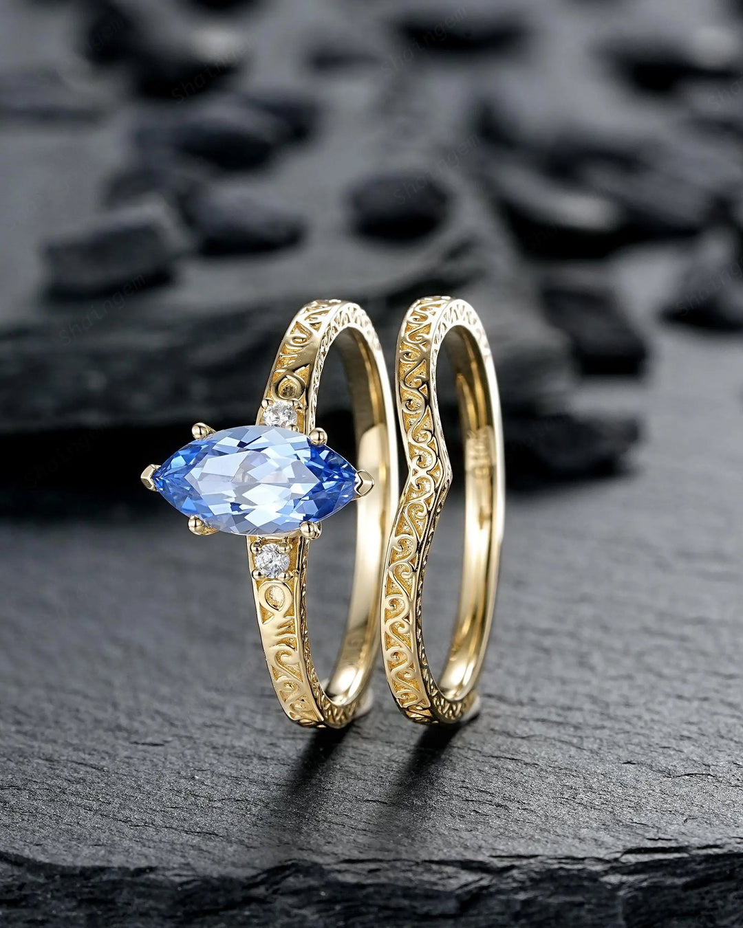 Vintage Marquise Cut Blue Sapphire Engagement Ring Set, Yellow Gold Half Eternity Filigree Engraved High profile Promise Wedding, Platinum - ShainJewelry