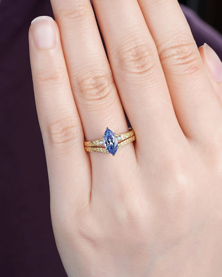 Vintage Marquise Cut Blue Sapphire Engagement Ring Set, Yellow Gold Half Eternity Filigree Engraved High profile Promise Wedding, Platinum - ShainJewelry