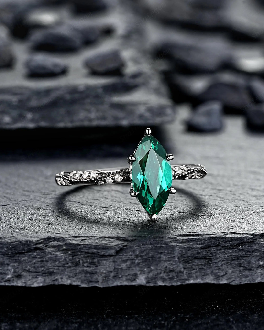 Gothic Marquise Cut Emerald Engagement Ring, Black Rhodium Promise Ring, Dark Wedding Ring, Witchy Goth Half Eternity May Birthstone Gift - ShainJewelry