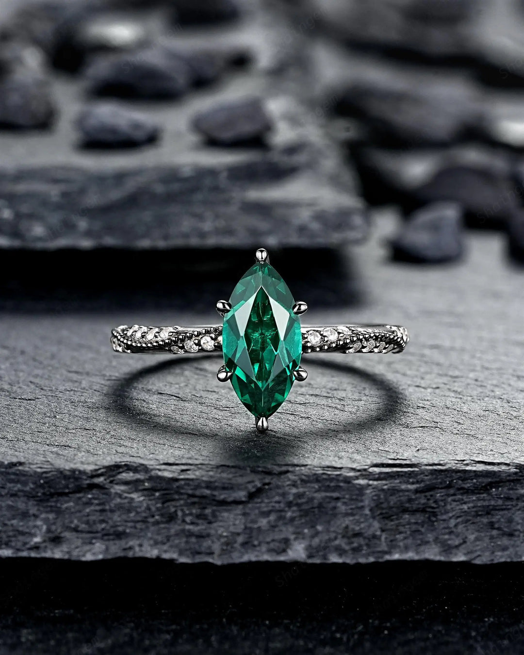 Gothic Marquise Cut Emerald Engagement Ring, Black Rhodium Promise Ring, Dark Wedding Ring, Witchy Goth Half Eternity May Birthstone Gift