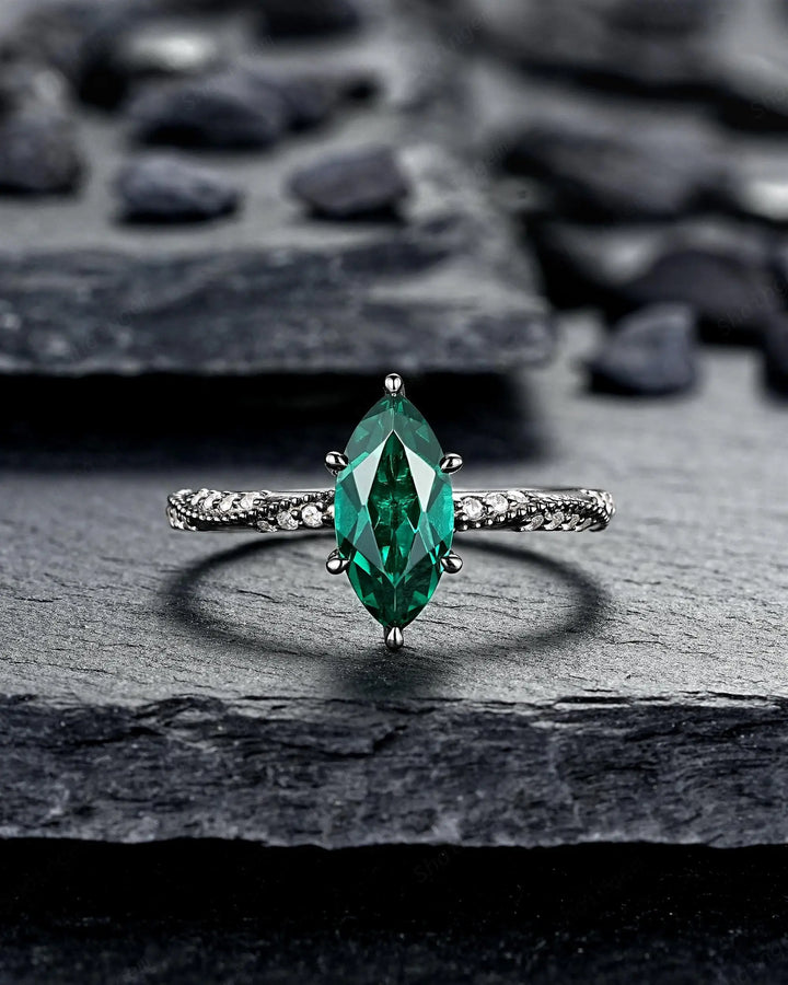 Gothic Marquise Cut Emerald Engagement Ring, Black Rhodium Promise Ring, Dark Wedding Ring, Witchy Goth Half Eternity May Birthstone Gift - ShainJewelry
