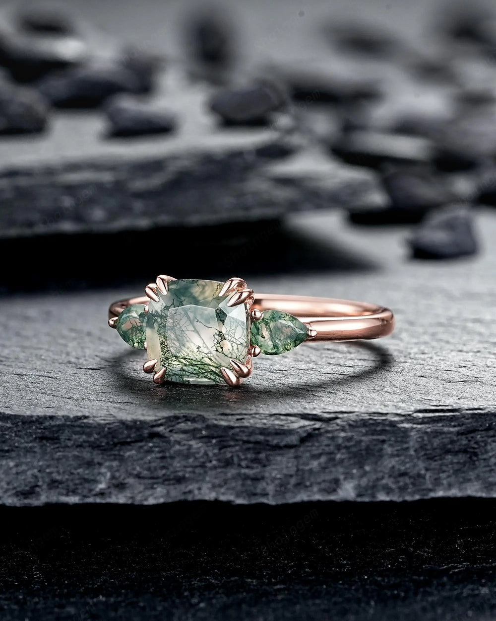 Three Stones Cushion Cut Moss Agate Engagement Ring, Rose Gold 3 Stone Promise Wedding Anniversary Gift, Silver 925 Double Prongs, 8 Prongs - ShainJewelry