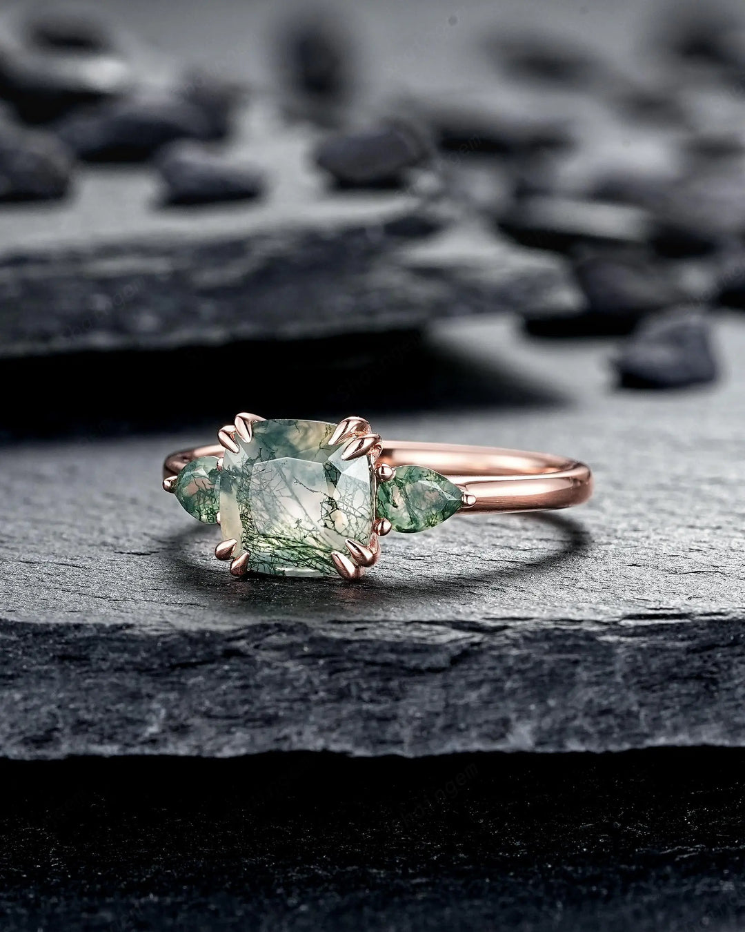Three Stones Cushion Cut Moss Agate Engagement Ring, Rose Gold 3 Stone Promise Wedding Anniversary Gift, Silver 925 Double Prongs, 8 Prongs - ShainJewelry