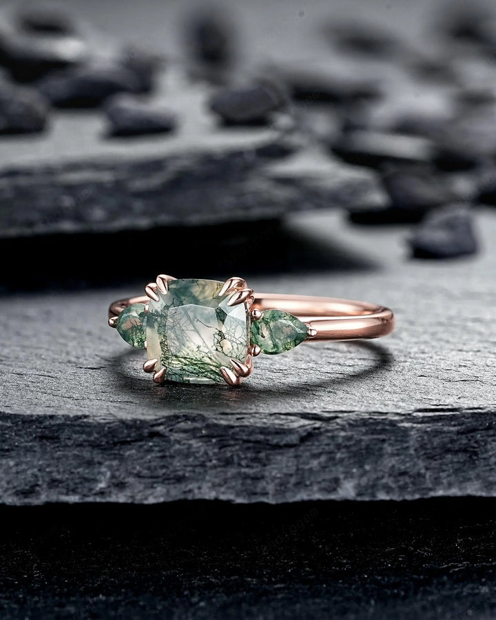Three Stones Cushion Cut Moss Agate Engagement Ring, Rose Gold 3 Stone Promise Wedding Anniversary Gift, Silver 925 Double Prongs, 8 Prongs - ShainJewelry