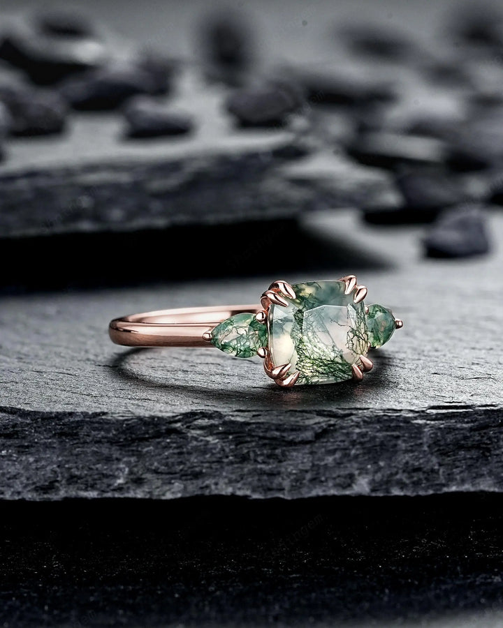 Three Stones Cushion Cut Moss Agate Engagement Ring, Rose Gold 3 Stone Promise Wedding Anniversary Gift, Silver 925 Double Prongs, 8 Prongs - ShainJewelry