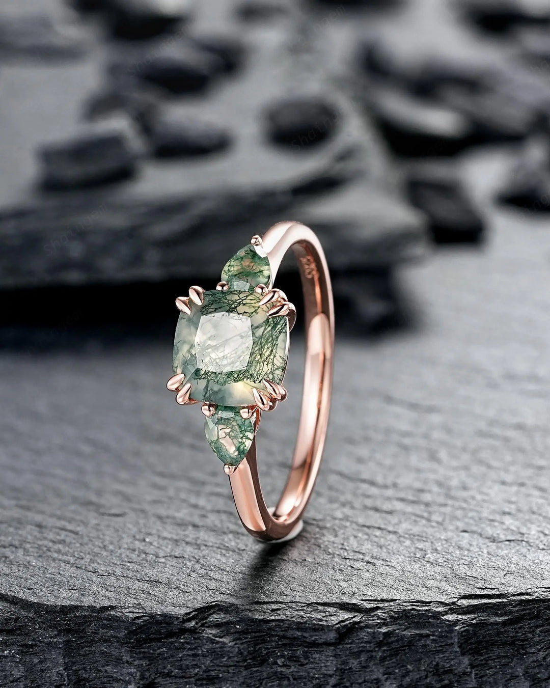 Three Stones Cushion Cut Moss Agate Engagement Ring, Rose Gold 3 Stone Promise Wedding Anniversary Gift, Silver 925 Double Prongs, 8 Prongs - ShainJewelry