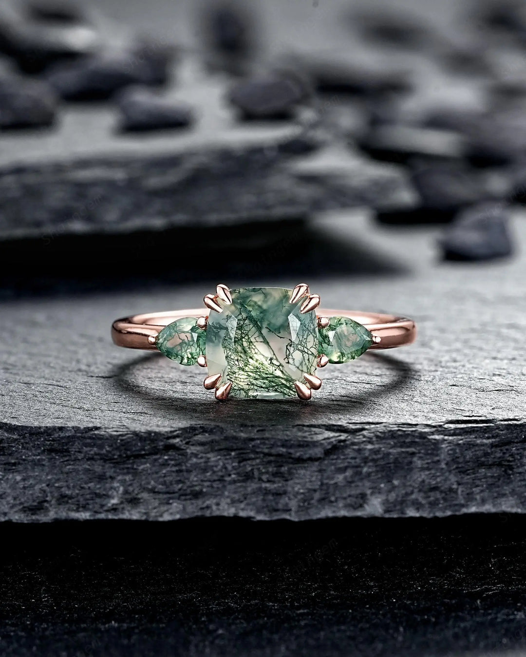 Three Stones Cushion Cut Moss Agate Engagement Ring, Rose Gold 3 Stone Promise Wedding Anniversary Gift, Silver 925 Double Prongs, 8 Prongs - ShainJewelry