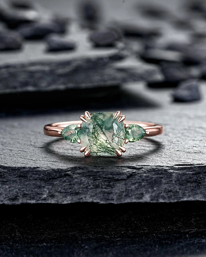 Three Stones Cushion Cut Moss Agate Engagement Ring, Rose Gold 3 Stone Promise Wedding Anniversary Gift, Silver 925 Double Prongs, 8 Prongs - ShainJewelry