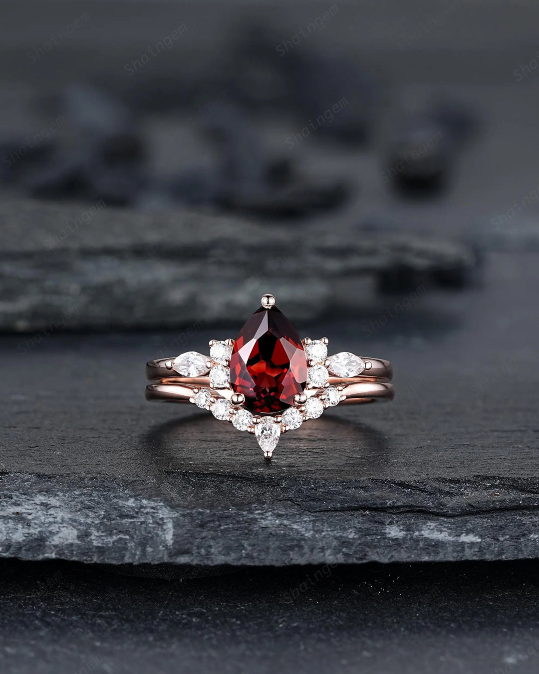 Vintage Pear Shape Natural Garnet Engagement Ring Set, Rose Gold Promise Bridal Set, Silver 925 Wedding Anniversary Gift, Platinum Diamond - ShainJewelry