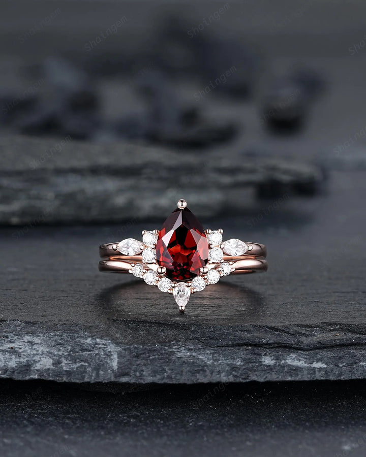 Vintage Pear Shape Natural Garnet Engagement Ring Set, Rose Gold Promise Bridal Set, Silver 925 Wedding Anniversary Gift, Platinum Diamond - ShainJewelry