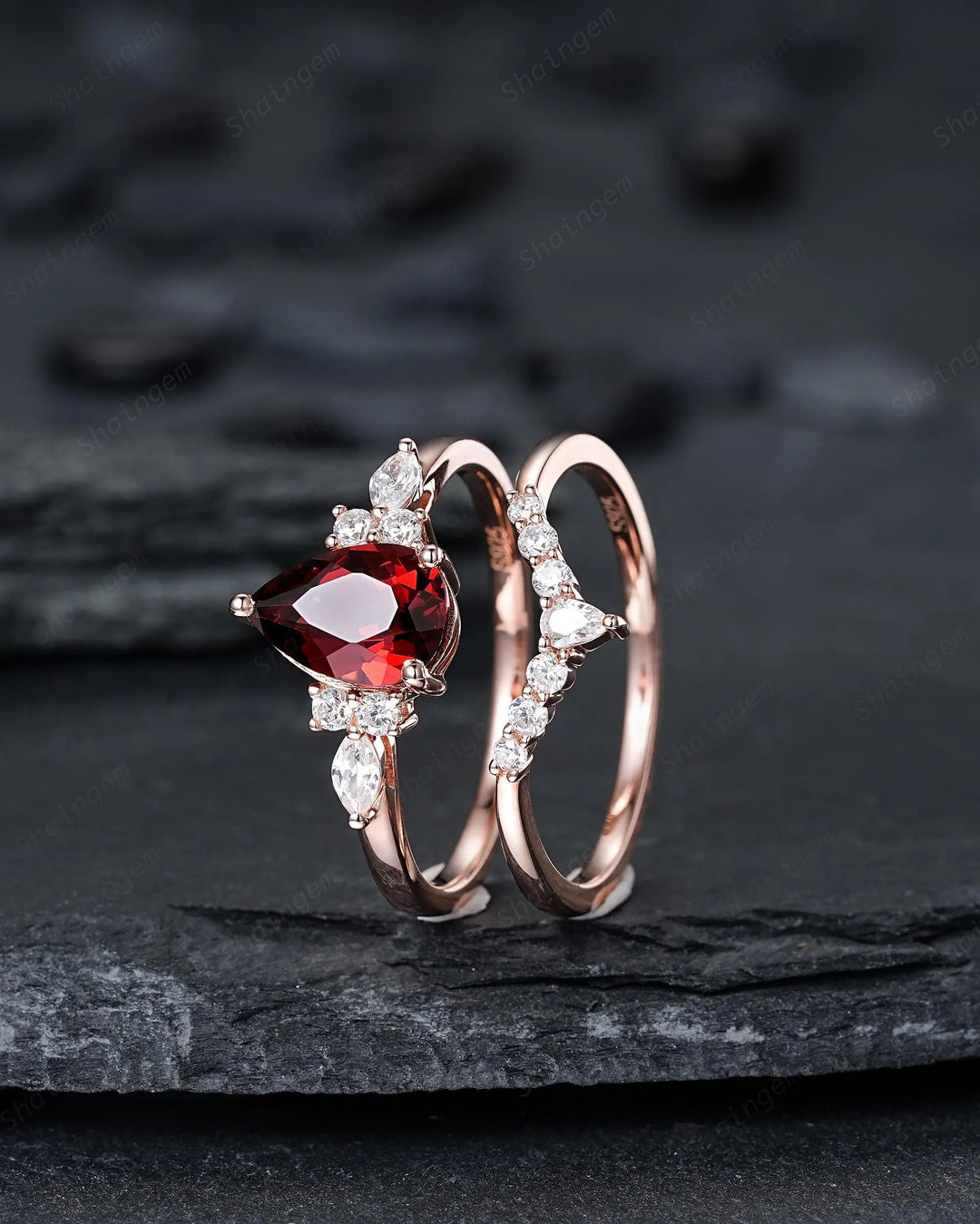 Vintage Pear Shape Natural Garnet Engagement Ring Set, Rose Gold Promise Bridal Set, Silver 925 Wedding Anniversary Gift, Platinum Diamond - ShainJewelry