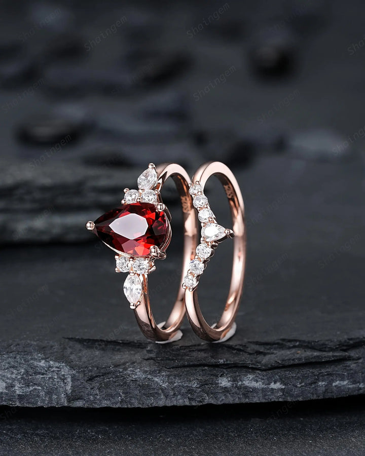 Vintage Pear Shape Natural Garnet Engagement Ring Set, Rose Gold Promise Bridal Set, Silver 925 Wedding Anniversary Gift, Platinum Diamond - ShainJewelry