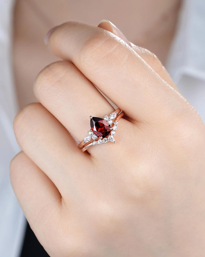 Vintage Pear Shape Natural Garnet Engagement Ring Set, Rose Gold Promise Bridal Set, Silver 925 Wedding Anniversary Gift, Platinum Diamond - ShainJewelry