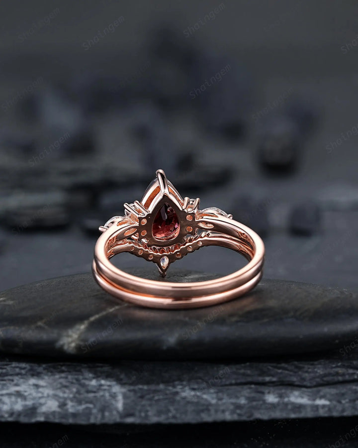 Vintage Pear Shape Natural Garnet Engagement Ring Set, Rose Gold Promise Bridal Set, Silver 925 Wedding Anniversary Gift, Platinum Diamond - ShainJewelry