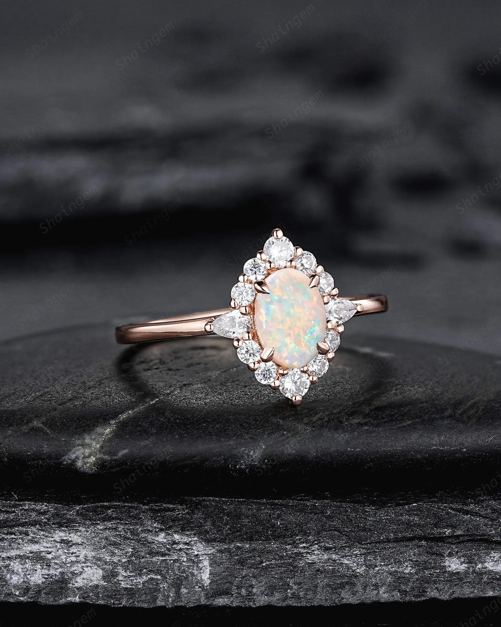 Oval Shape Australia Natural White Opal Diamond Engagement Ring, 14K 18K Rose Gold Floral Halo Promise Ring, Unique Platinum Wedding Ring - ShainJewelry