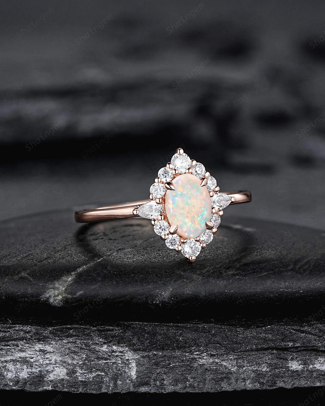 Oval Shape Australia Natural White Opal Diamond Engagement Ring, 14K 18K Rose Gold Floral Halo Promise Ring, Unique Platinum Wedding Ring - ShainJewelry