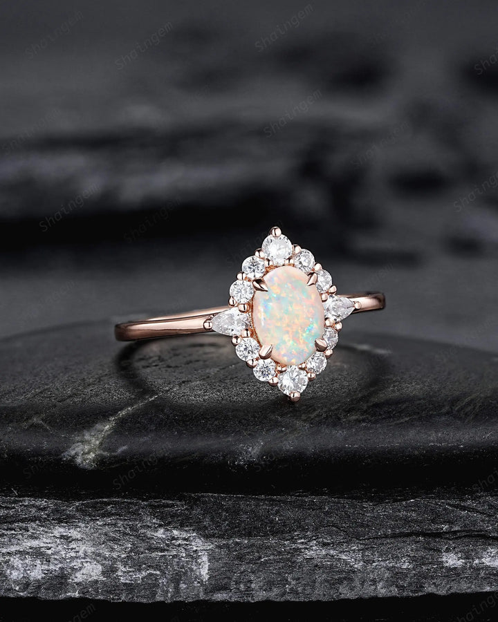 Oval Shape Australia Natural White Opal Diamond Engagement Ring, 14K 18K Rose Gold Floral Halo Promise Ring, Unique Platinum Wedding Ring - ShainJewelry