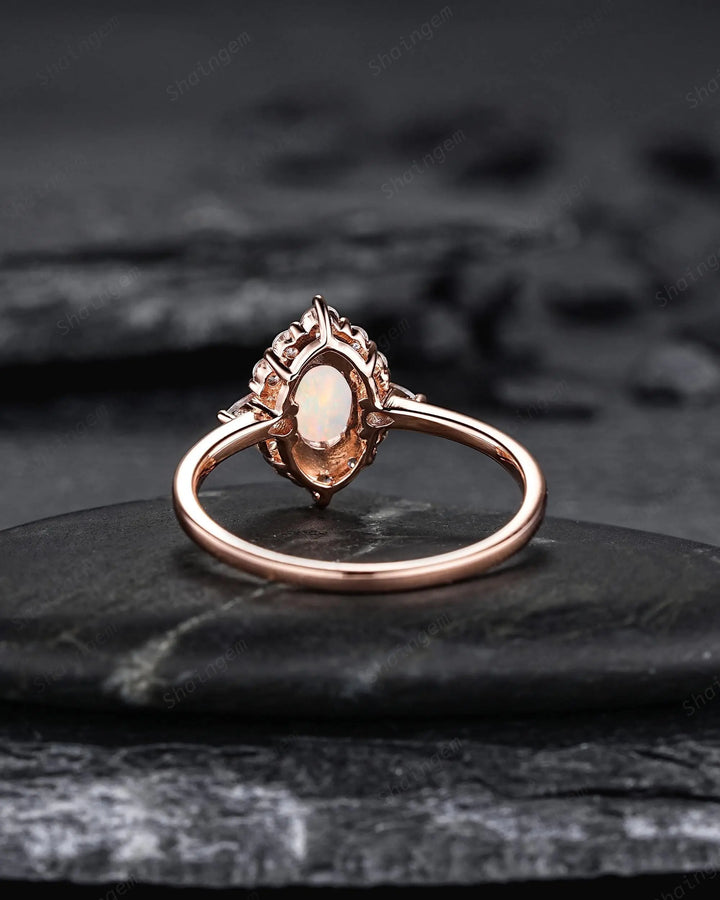 Oval Shape Australia Natural White Opal Diamond Engagement Ring, 14K 18K Rose Gold Floral Halo Promise Ring, Unique Platinum Wedding Ring - ShainJewelry