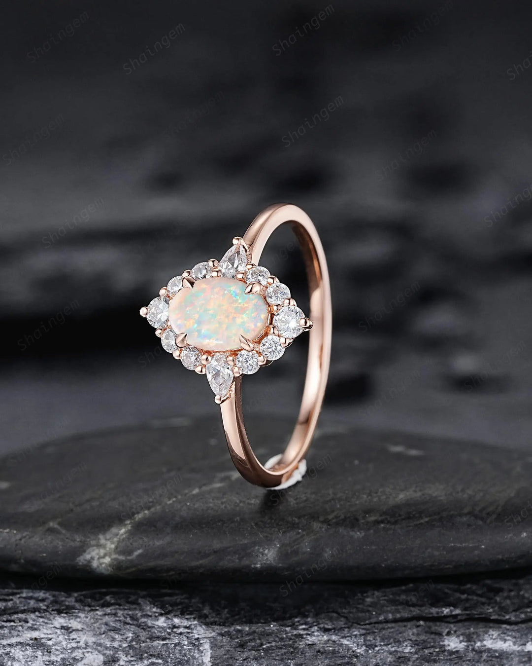 Oval Shape Australia Natural White Opal Diamond Engagement Ring, 14K 18K Rose Gold Floral Halo Promise Ring, Unique Platinum Wedding Ring - ShainJewelry