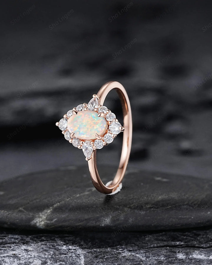 Oval Shape Australia Natural White Opal Diamond Engagement Ring, 14K 18K Rose Gold Floral Halo Promise Ring, Unique Platinum Wedding Ring - ShainJewelry