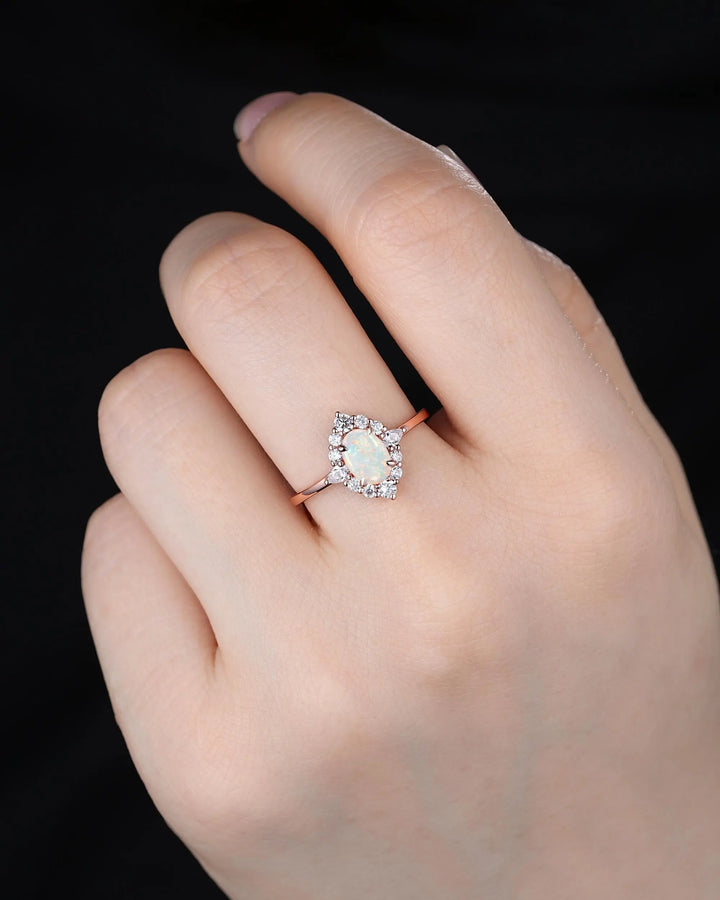 Oval Shape Australia Natural White Opal Diamond Engagement Ring, 14K 18K Rose Gold Floral Halo Promise Ring, Unique Platinum Wedding Ring - ShainJewelry