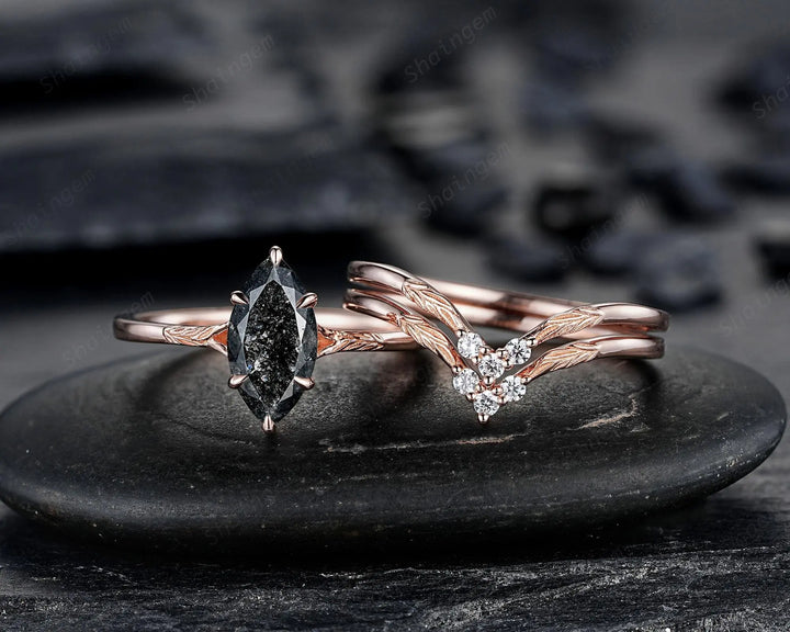 3PCS Marquise Cut Natural Salt and Pepper Diamond Engagement Ring: 14K 18K Rose Gold Wedding, Platinum Nature Inspired Engraved Leaf Promise - ShainJewelry