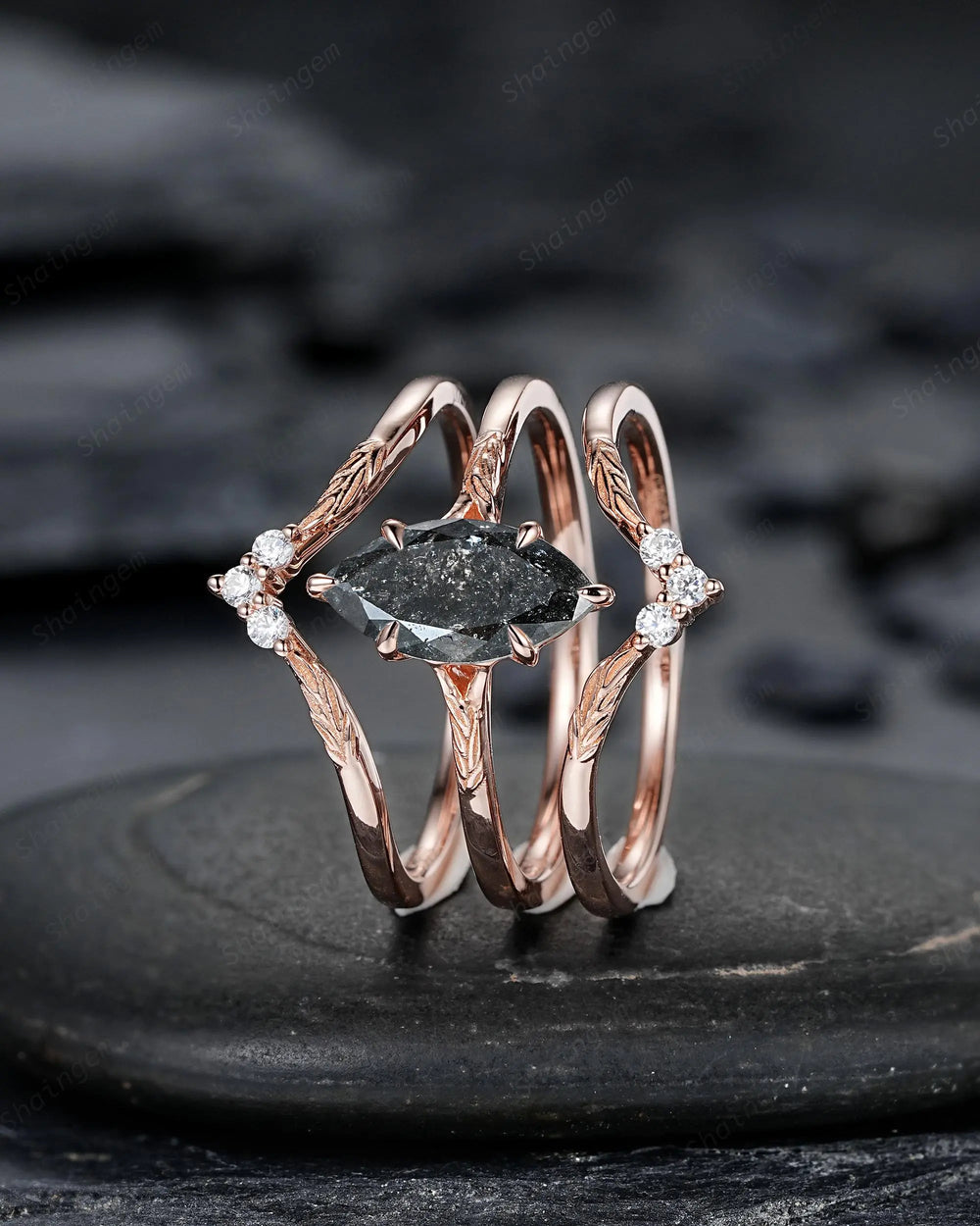 3PCS Marquise Cut Natural Salt and Pepper Diamond Engagement Ring: 14K 18K Rose Gold Wedding, Platinum Nature Inspired Engraved Leaf Promise - ShainJewelry
