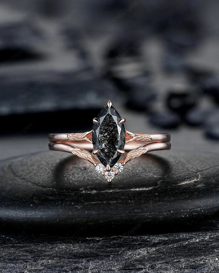 3PCS Marquise Cut Natural Salt and Pepper Diamond Engagement Ring: 14K 18K Rose Gold Wedding, Platinum Nature Inspired Engraved Leaf Promise - ShainJewelry