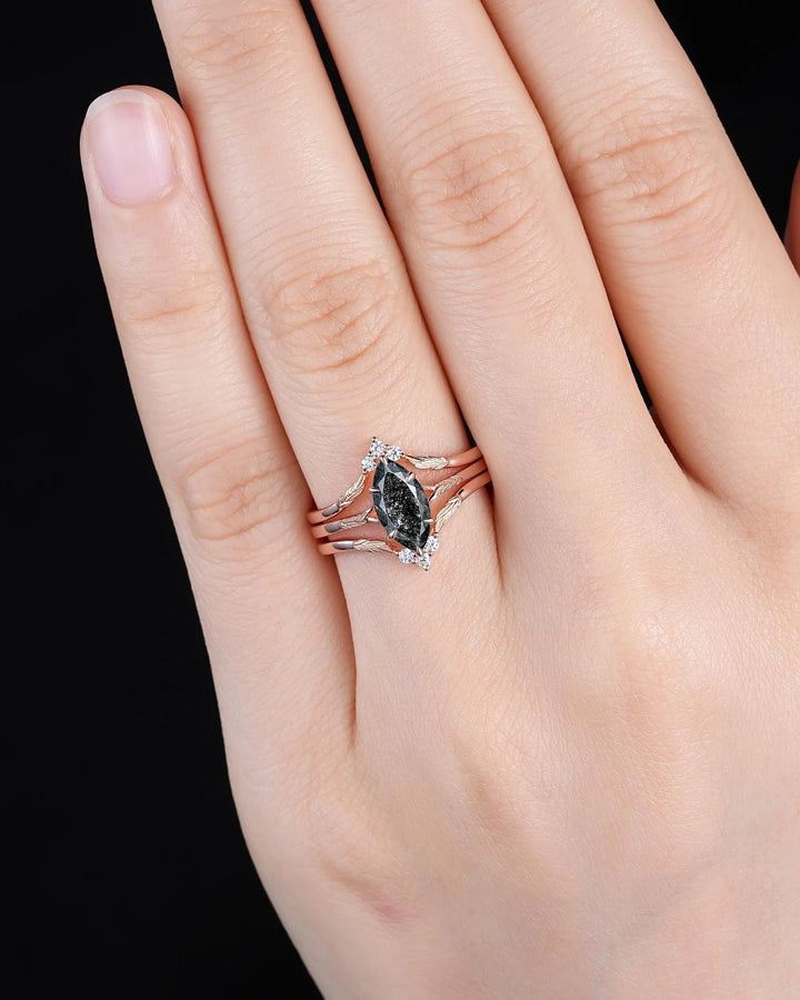 3PCS Marquise Cut Natural Salt and Pepper Diamond Engagement Ring: 14K 18K Rose Gold Wedding, Platinum Nature Inspired Engraved Leaf Promise - ShainJewelry