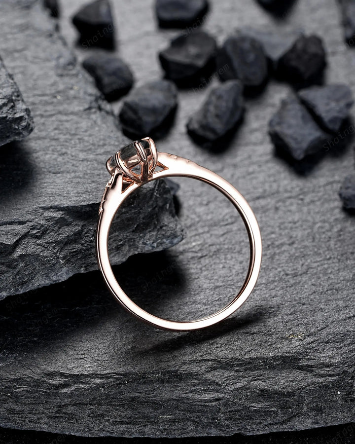 3PCS Marquise Cut Natural Salt and Pepper Diamond Engagement Ring: 14K 18K Rose Gold Wedding, Platinum Nature Inspired Engraved Leaf Promise - ShainJewelry