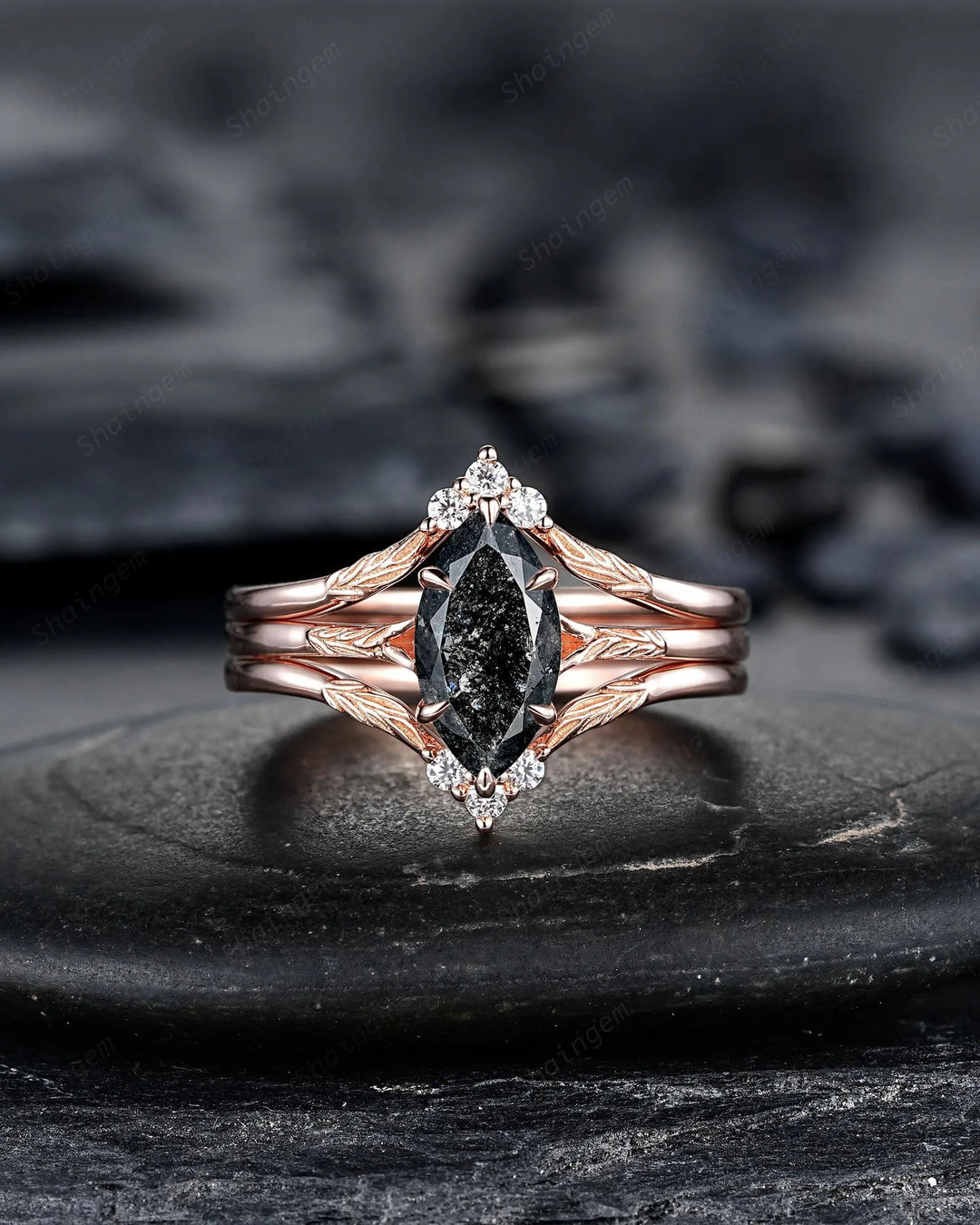 3PCS Marquise Cut Natural Salt and Pepper Diamond Engagement Ring: 14K 18K Rose Gold Wedding, Platinum Nature Inspired Engraved Leaf Promise - ShainJewelry