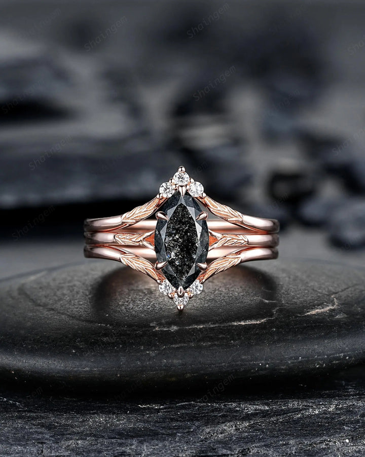 3PCS Marquise Cut Natural Salt and Pepper Diamond Engagement Ring: 14K 18K Rose Gold Wedding, Platinum Nature Inspired Engraved Leaf Promise - ShainJewelry