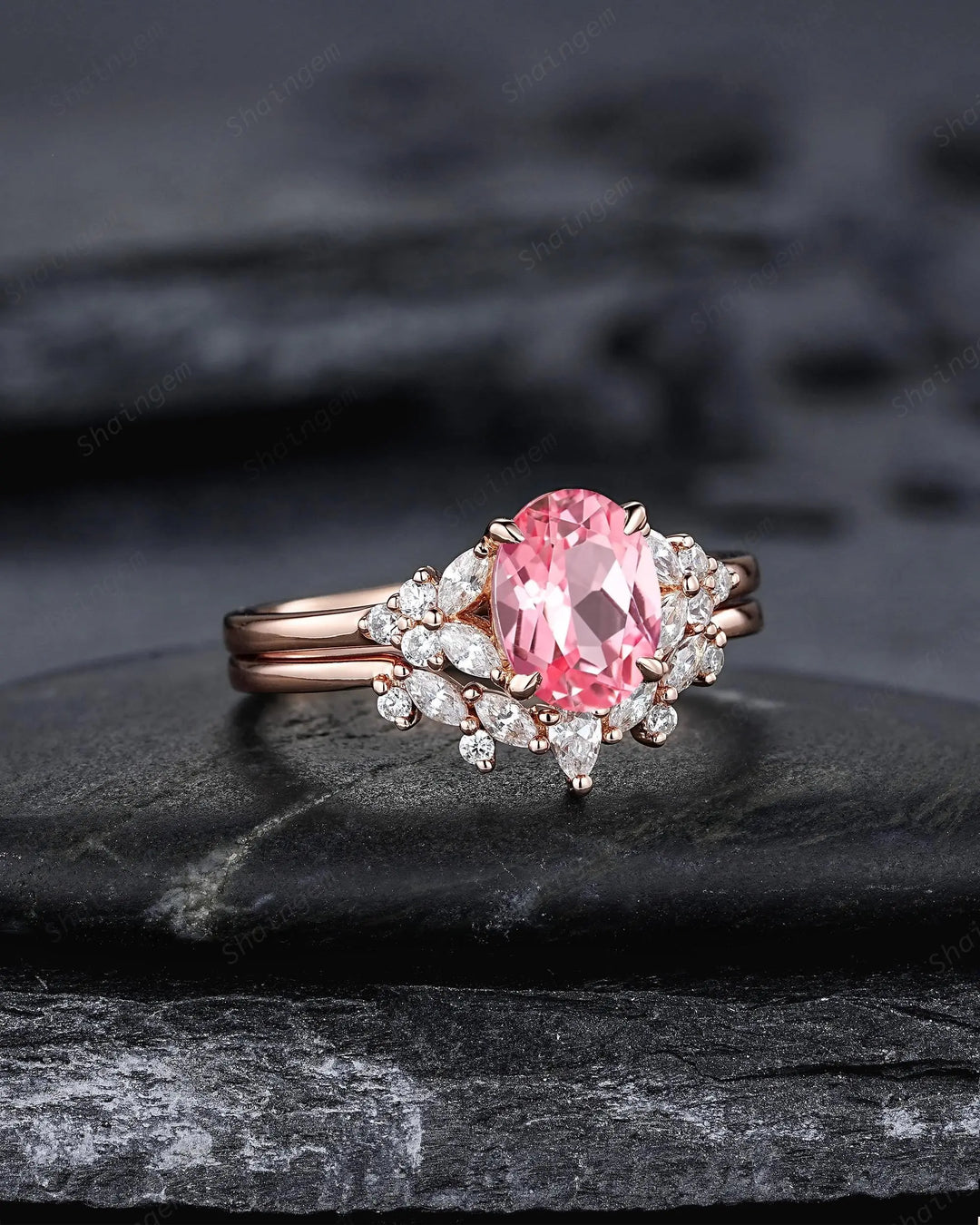 Vintage Oval Shape Pink Sapphire Engagement Ring Set, 10K 14K 18K Rose Gold Promise Silver 925 Wedding Anniversary Gift, Platinum Diamond - ShainJewelry