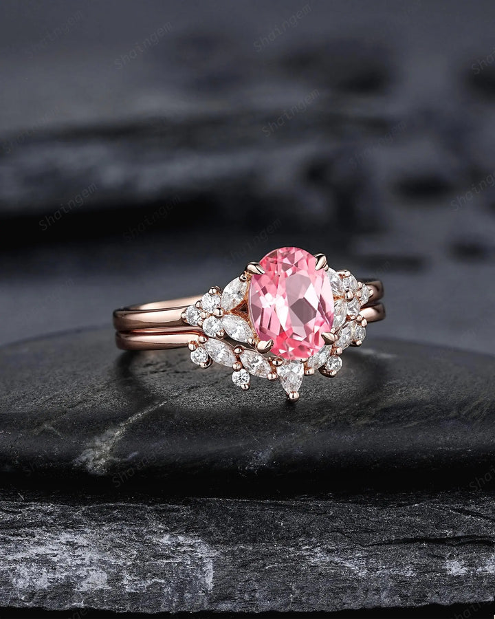Vintage Oval Shape Pink Sapphire Engagement Ring Set, 10K 14K 18K Rose Gold Promise Silver 925 Wedding Anniversary Gift, Platinum Diamond - ShainJewelry