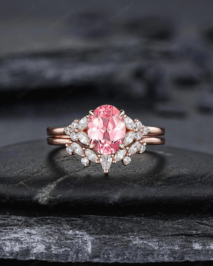 Vintage Oval Shape Pink Sapphire Engagement Ring Set, 10K 14K 18K Rose Gold Promise Silver 925 Wedding Anniversary Gift, Platinum Diamond - ShainJewelry
