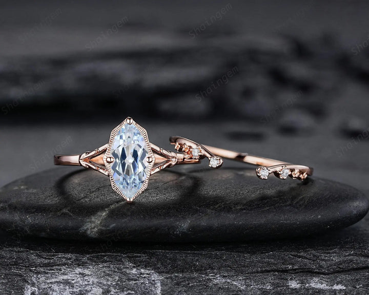 Marquise Cut Natural Blue Aquamarine Promise Ring Set, Open Gap Wedding Band, Spilt Shank Rose Gold Nature Inspired Leaf Milgrain Promise - ShainJewelry