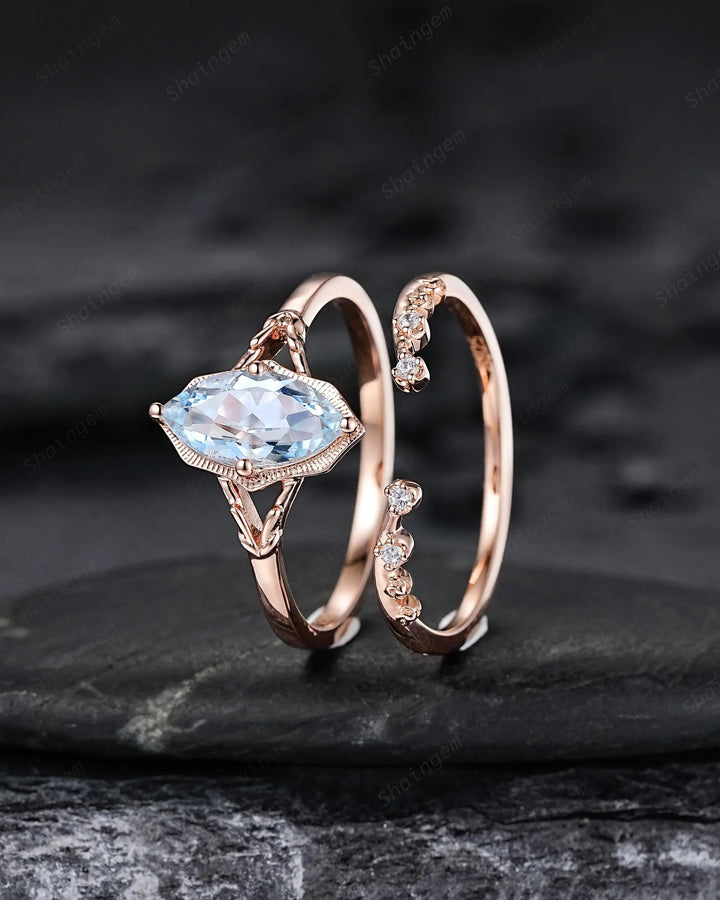 Marquise Cut Natural Blue Aquamarine Promise Ring Set, Open Gap Wedding Band, Spilt Shank Rose Gold Nature Inspired Leaf Milgrain Promise - ShainJewelry