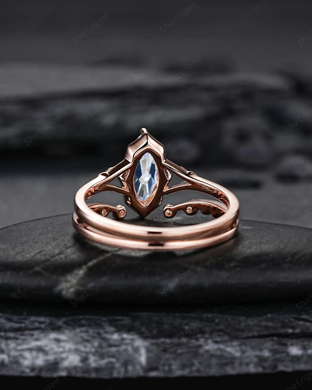 Marquise Cut Natural Blue Aquamarine Promise Ring Set, Open Gap Wedding Band, Spilt Shank Rose Gold Nature Inspired Leaf Milgrain Promise - ShainJewelry